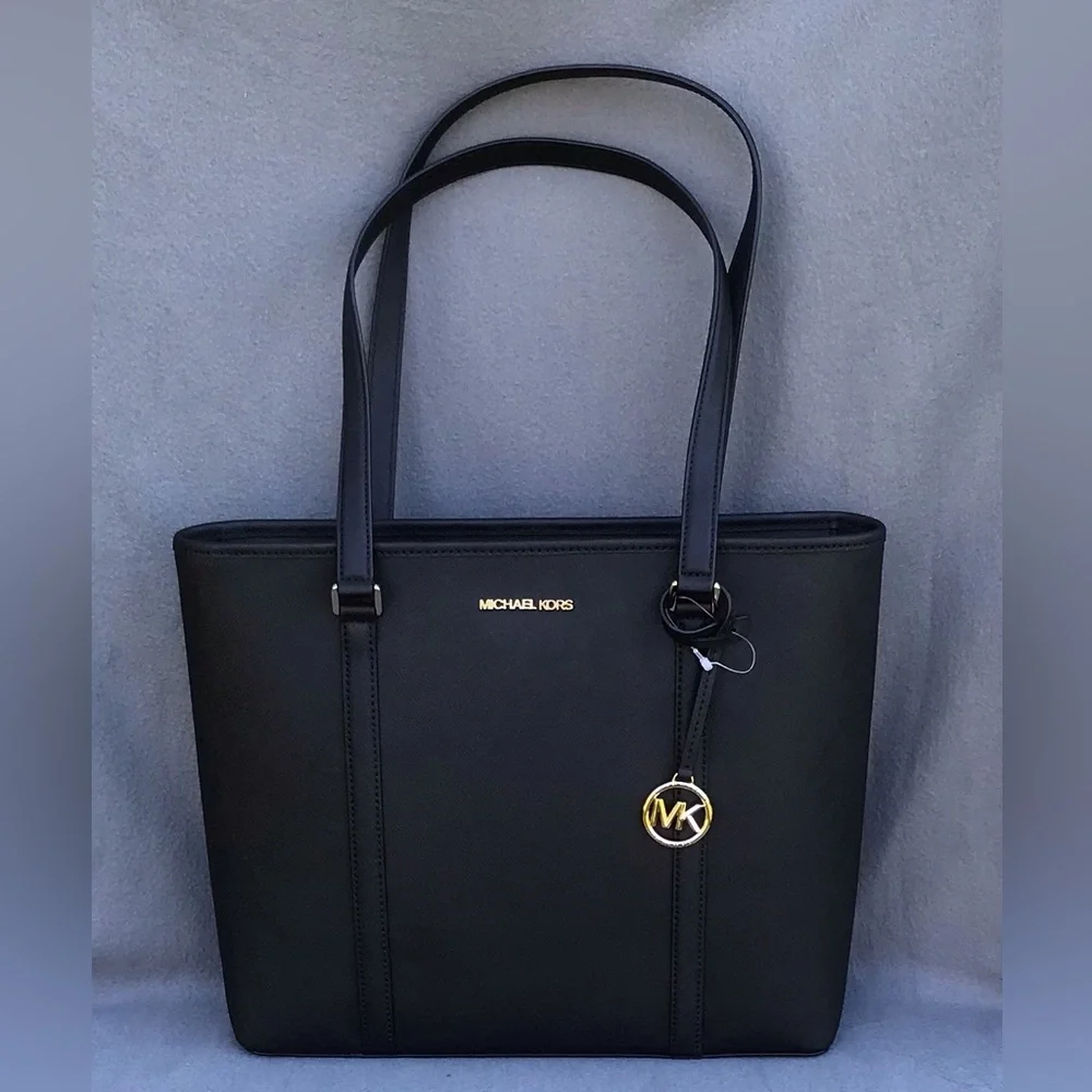Michael Kors Black Leather Tote with Gold Logo Charm